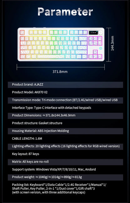 Ajazz AK870 V2 Gaming Mechanical Keyboard is a Hot-Swappable RGB Wired Gaming Keyboard Suitable for Various Scenarios on Laptops