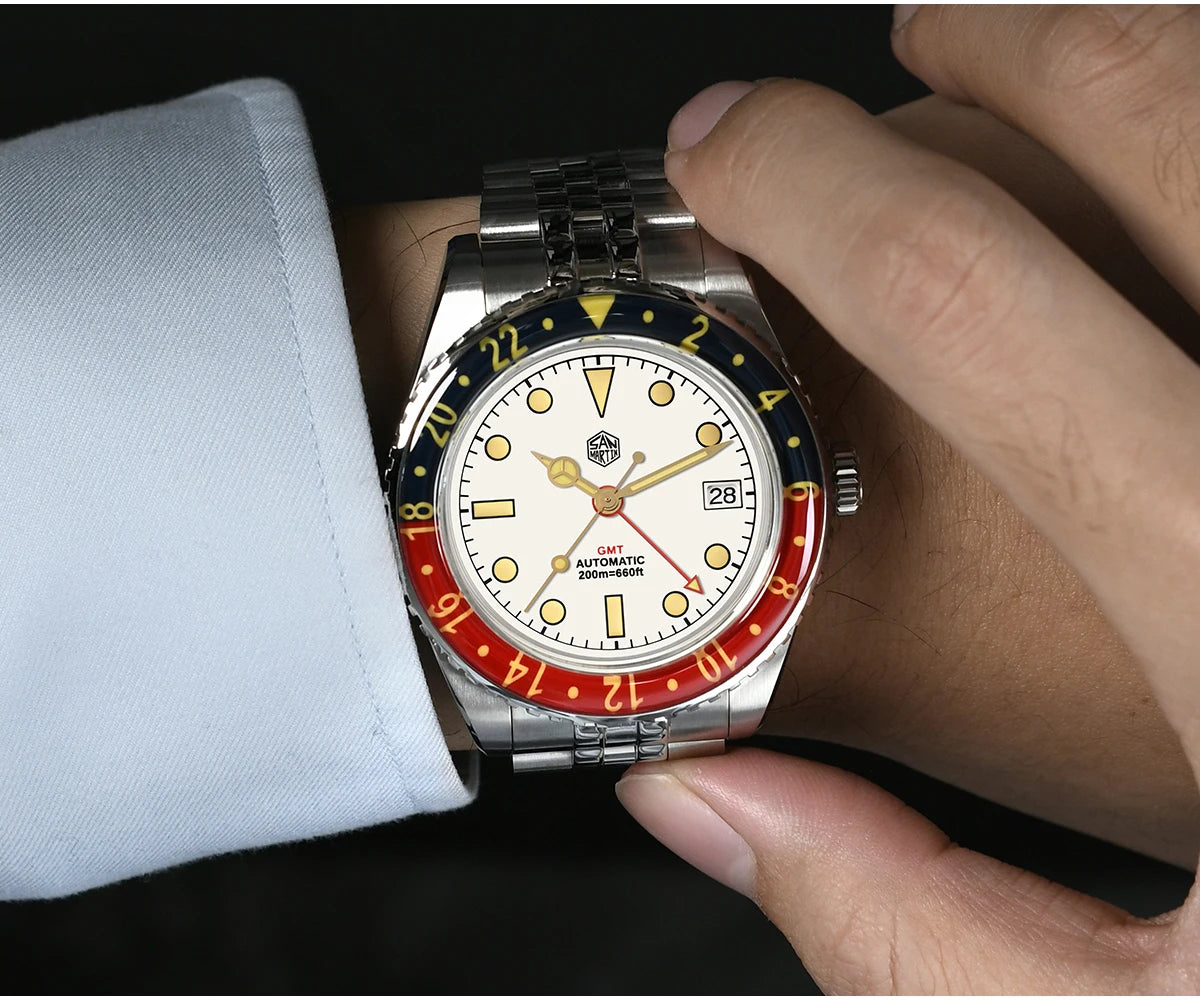 San Martin NH34 40mm GMT Luxury Sports Style Full Luminous Bidirectional Sapphire Bezel Automatic Mechanical Watch 20 Bar SN0005