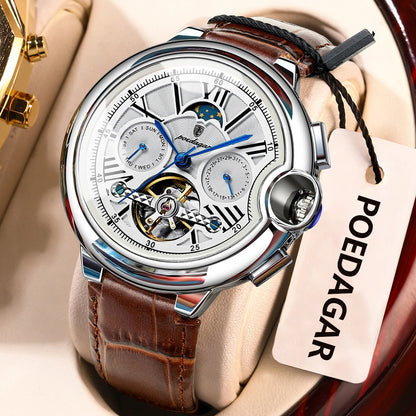 Orologio da uomo POEDAGAR, in stile lussuoso e professionale, con indicazione della data e del giorno, tourbillon, cassa in acciaio inossidabile, movimento meccanico a carica automatica e impermeabilità.