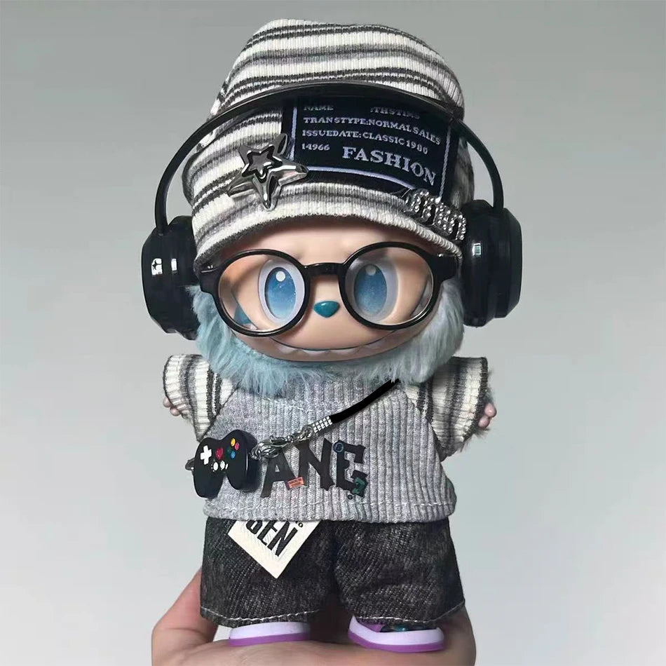 For Labubu 15-17cm Cloth Korean Grey Star Hat Suit Pull Bubu Baby Clothes 123rd Generation High-energy Hope Vinyl Doll Clothes