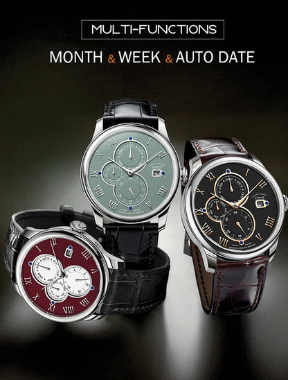 Luxury Brand BORMAN Automatic Mechanical Men's Watches Sapphire 50M Waterproof Multi-function Dial Retro Leather Clocks BM18011