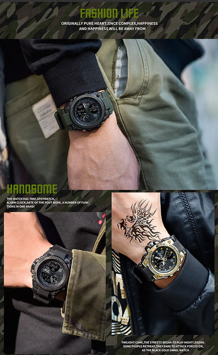 SANDA Montres de luxe haut de gamme pour homme, montre militaire, montre-bracelet sportive étanche, montre à double affichage, Relogio Masculino