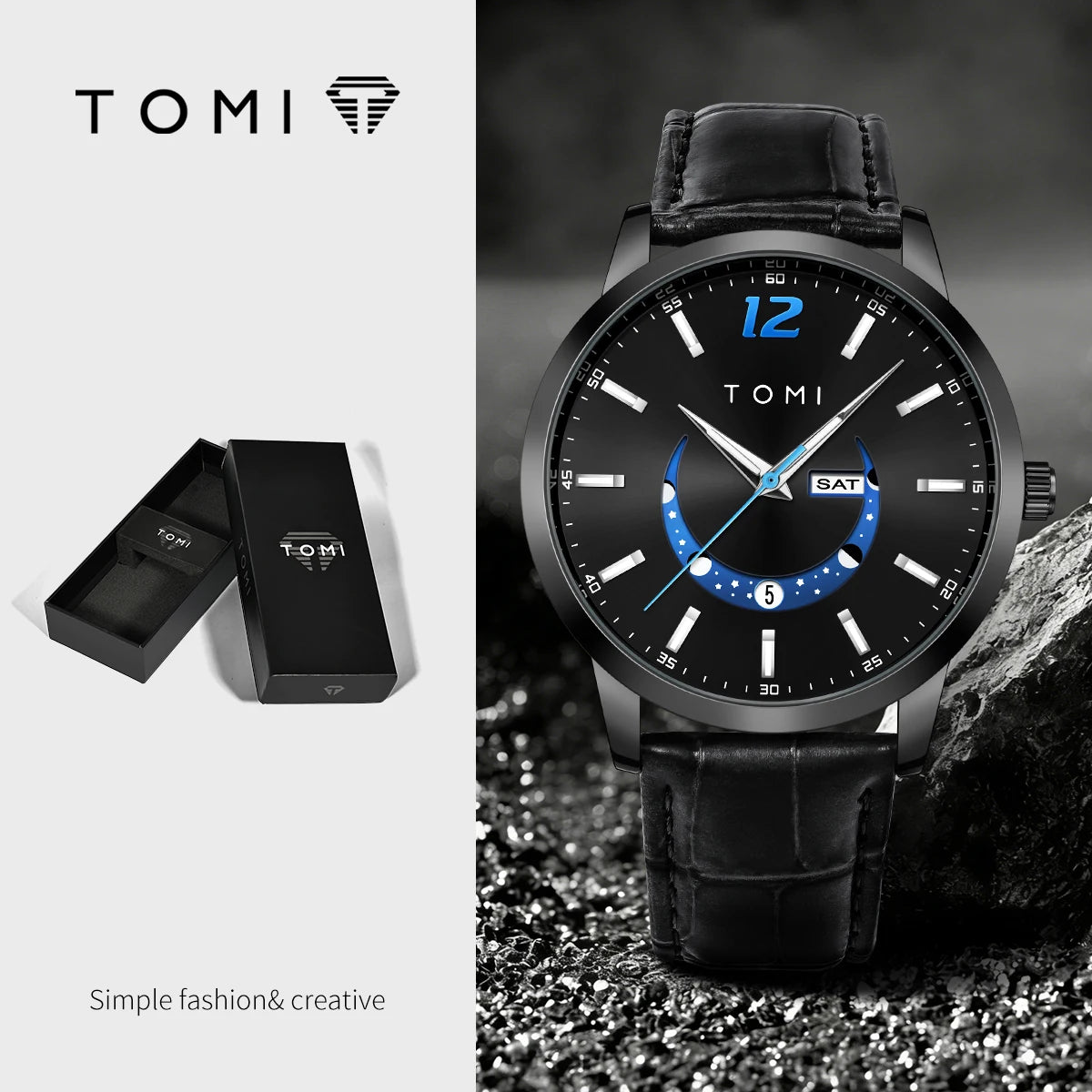 TOMI-kvartsur, elegant i affärsstil, med läderarmband, boett i legering och urtavla med visare – Exklusiv design, presentidé för män