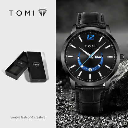 TOMI-kvartsur, elegant i affärsstil, med läderarmband, boett i legering och urtavla med visare – Exklusiv design, presentidé för män