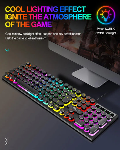 Typewriter style Mechanical feel Gaming Keyboard, Wired, RGB Backlit, Round Keycaps Mouse and Keyboard Bundle Waterproof 104-Key
