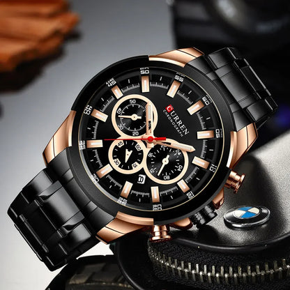 Orologio cronografo da uomo CURREN, quadrante grande da 48 mm, bracciale in acciaio inossidabile, tre contatori, orologio da polso sportivo al quarzo, stile lussuoso