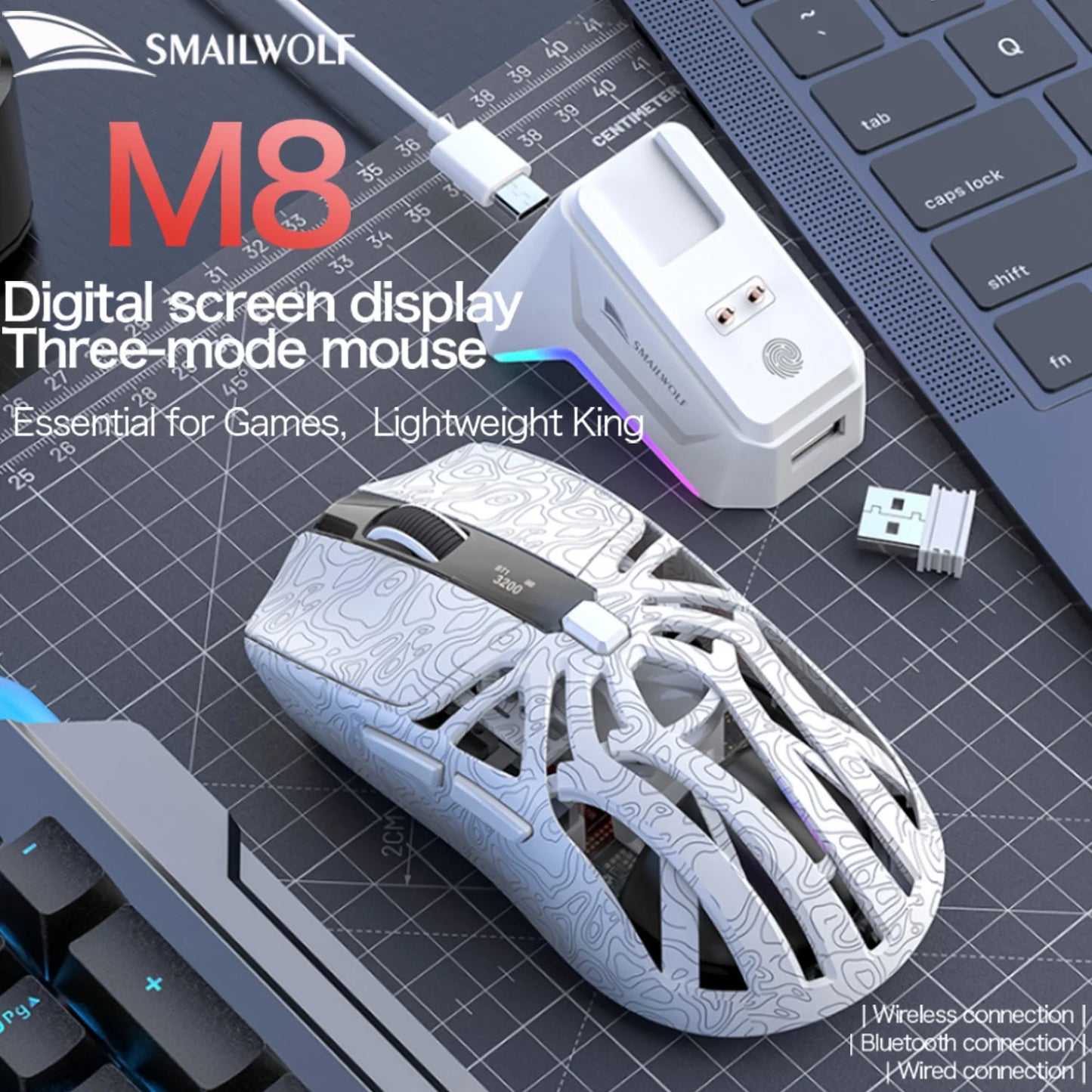 SMAILWOLF M8 Bluetooth wireless mouse, three-mode RGB charging base e-sports gaming mouse, PAW3311 lightweight gaming office