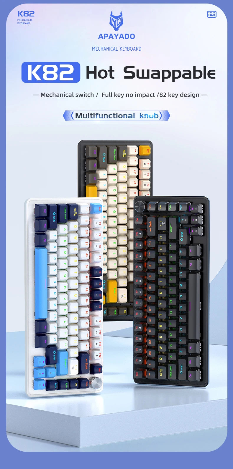 K82 75% Wired Mechanical Keyboard RGB Backlight, 82 KEY, Full Key Hot Swappable Blue Switch, Multifunctional Knob, Windows & Mac