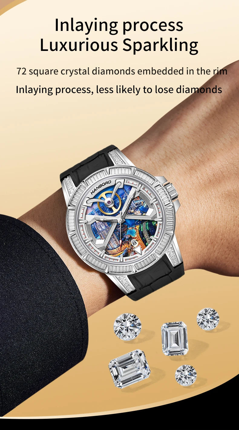 HANBORO Dubai Collection Dubai Characteristic Personalized Dial Frosted Crafted Diamonds Luxury Men's Automatic Mechanical Watch