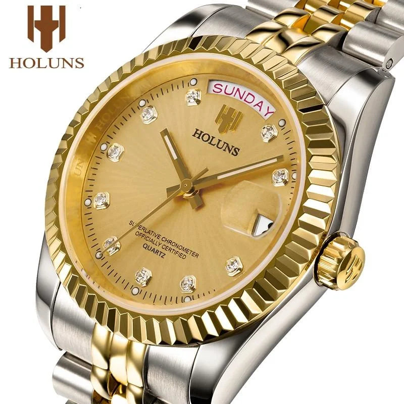 Relojes de hombre Holuns Luxury Classic de 36/41 mm en oro, con movimiento de cuarzo MIYOTA de Japón, de acero inoxidable, reloj de pulsera clásico de negocios, resistente al agua