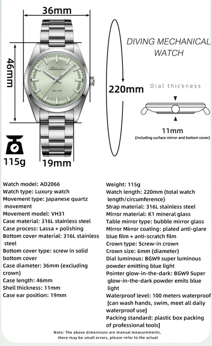 ADDIESDIVE Luxury Men's Steel Watch Bubble Mirror Glass Quartz Watch BGW9 Blue Luminous 100ATM Analog Watch Reloj Hombre AD2066