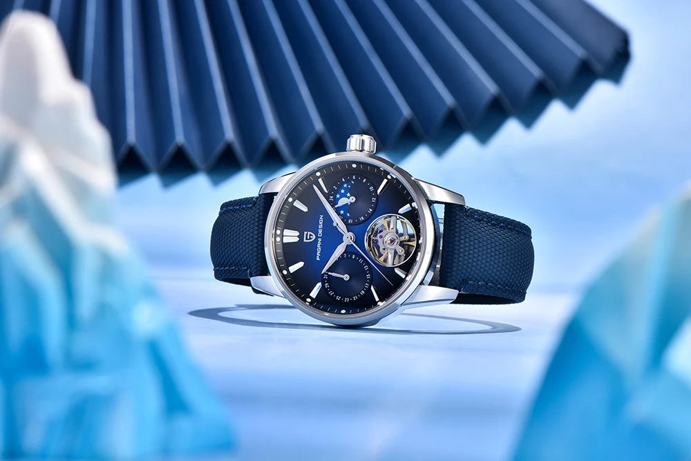 PAGANI DESIGN – Luksuzna mehanska ura za moške, 41 mm, safirno steklo, usnjena zapestnica, vodotesna, v pilotskem slogu, s turbijonom in prikazom lunine faze