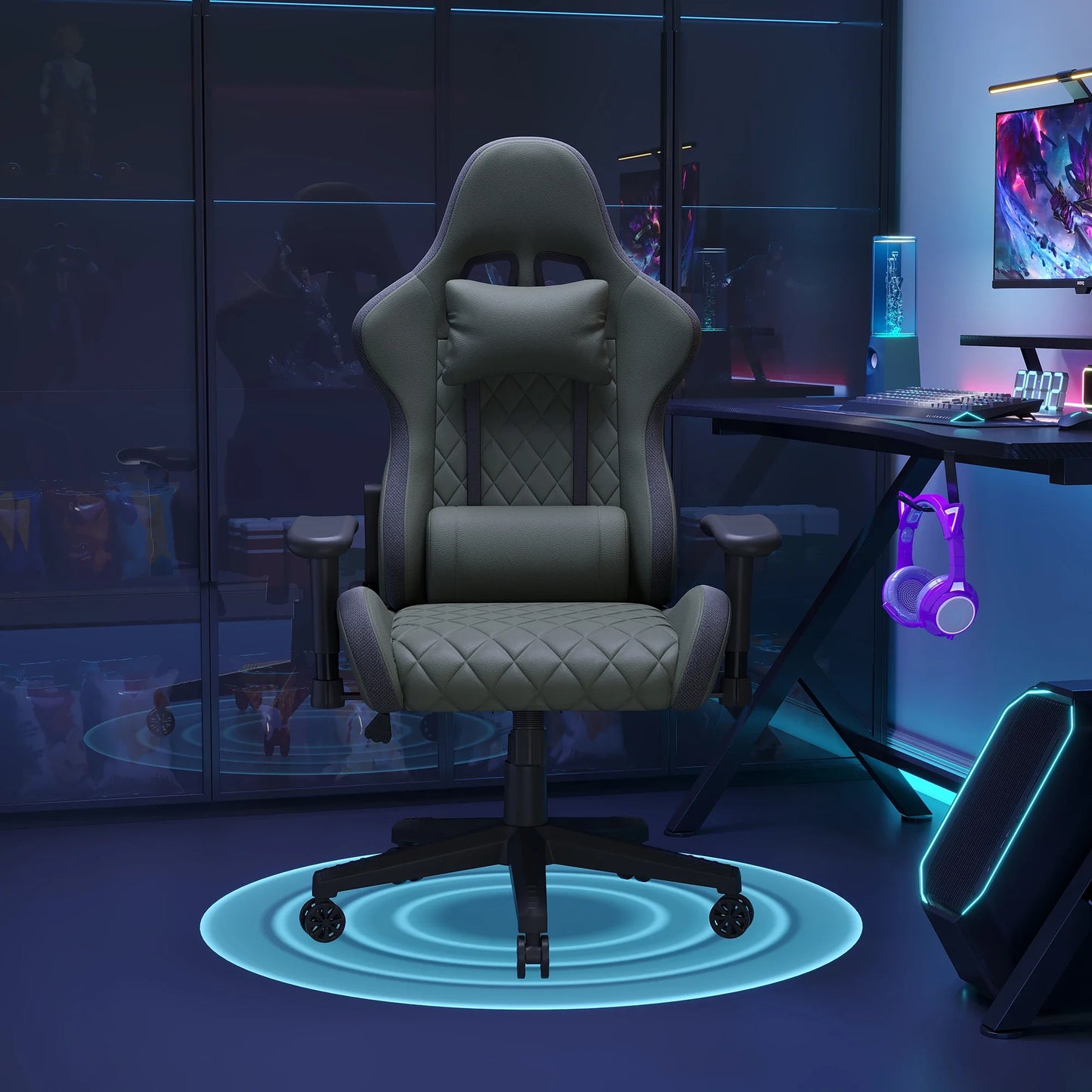 Ergonomic office chair with lumbar massage,LED RGB ambient lighting, and reclining backrest,  for home offices