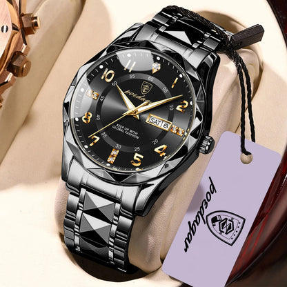 Orologio da uomo POEDAGAR Fashion Luxury, impermeabile, luminescente, al quarzo, cinturino in acciaio inossidabile, data e giorno della settimana, stile casual.