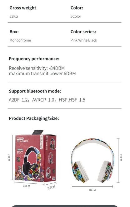 New Graffiti Wireless Overhead Headset with Mic LED Light LX-8686 High Quality TF Card Bluetooth Headphones for PC Gaming Child