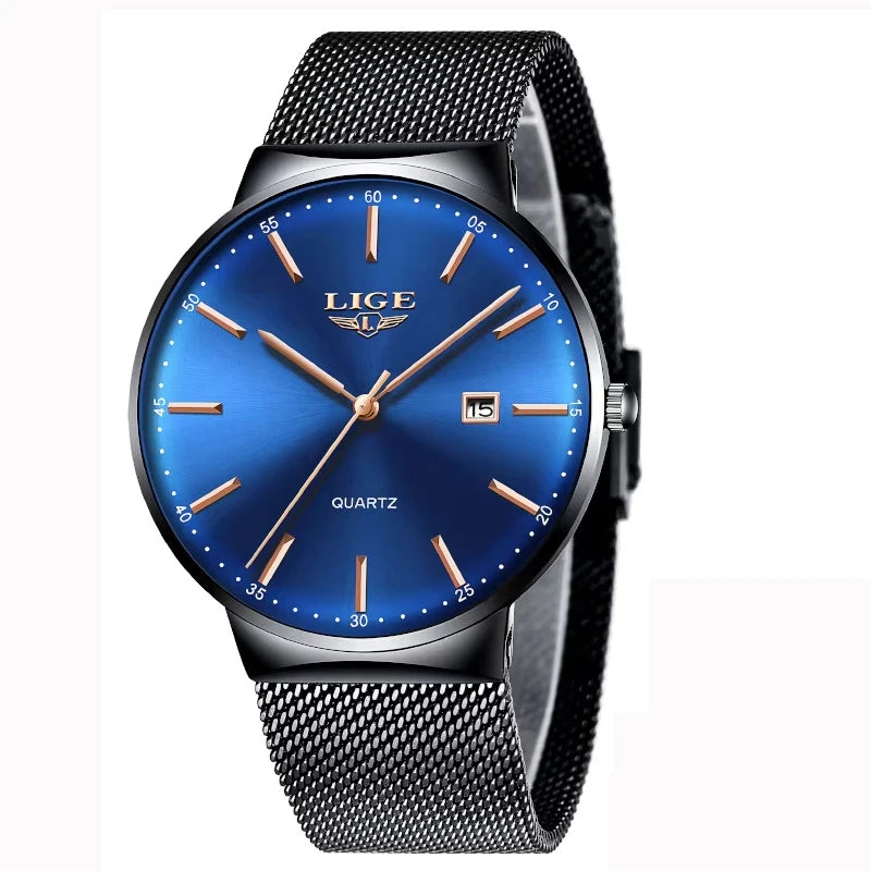 Orologio da uomo LIGE, modello elegante e lussuoso, ultrasottile, impermeabile, con bracciale a maglia, movimento al quarzo, datario e calendario – ideale per uno stile professionale.