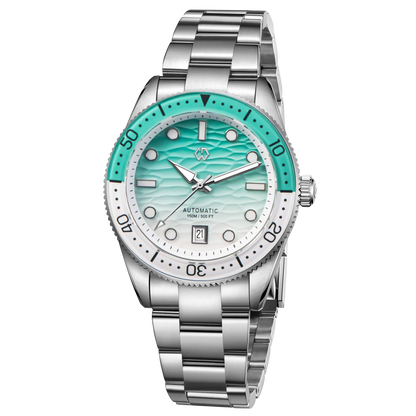 WISHDOIT Men's Automatic Dive Watch With Ocean Blue And White Ripple Dial 8215 Movement Sapphire Glass Mirror