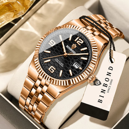 Luxus-Quarz-Armbanduhr von BINBOND, beleuchtet, wasserdicht, mit automatischem Datumsanzeige, für Herren, aus Edelstahl, im Business-, Sport-, Mode- und Freizeit-Stil.