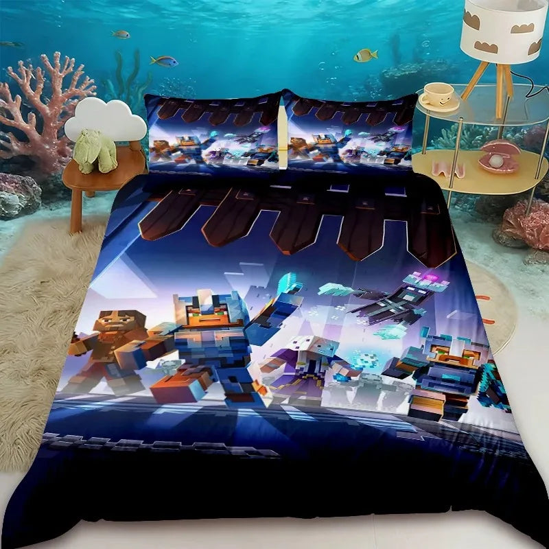 Capa de edredão infantil Cartoon Minecraft, conjunto de cama com capa de edredão, tamanho Queen, King e Full, com 1/2 fronha para quarto