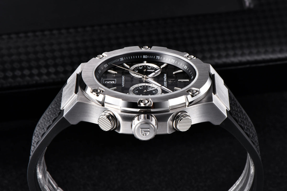 Orologio da uomo PAGANI DESIGN – Cronografo sportivo di lusso in oro rosa, dotato di un movimento al quarzo giapponese VK64 e di un cinturino in gomma fluorurata.