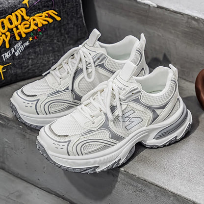 Unisex Trendy Chunky Dad Sneakers Silver Black Retro Couple Breathable Mesh Casual Platform Shoes