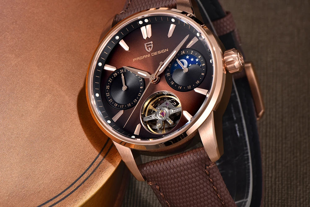 PAGANI DESIGN – Luksuzna mehanska ura za moške, 41 mm, safirno steklo, usnjena zapestnica, vodotesna, v pilotskem slogu, s turbijonom in prikazom lunine faze