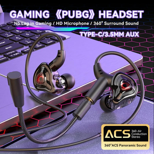 3.5mm/Type-C/USB  E-sports Gaming Headset 360° Surround Sound, HiFi Stereo Wired Headphone in-ear dual Mic, PUBG Gaming Earphone