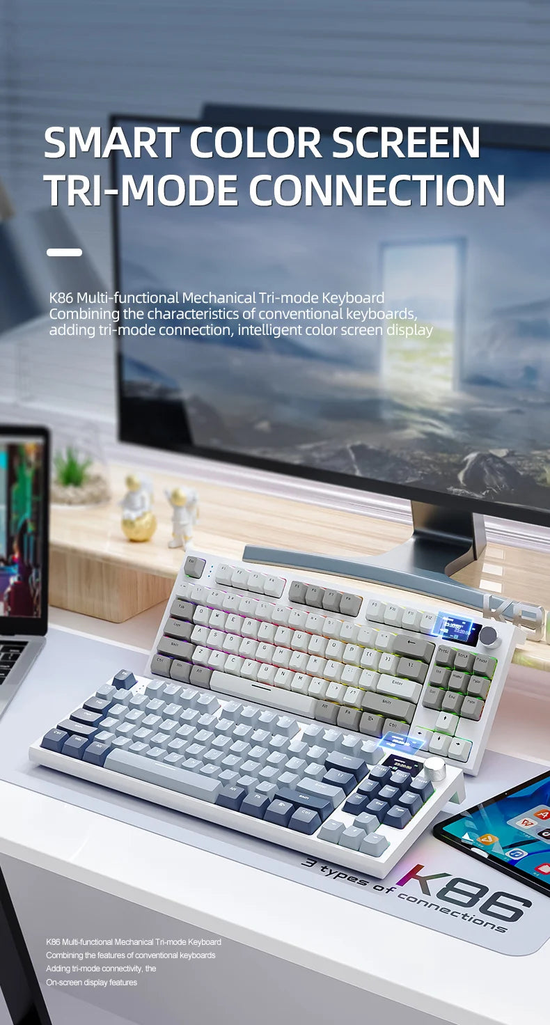 ATTACK SHARK K86 Mechanical Keyboard with Metal Knob, TFT Smart Color Screen, 87-key Layout, RGB Lighting, and Three-mode Connection