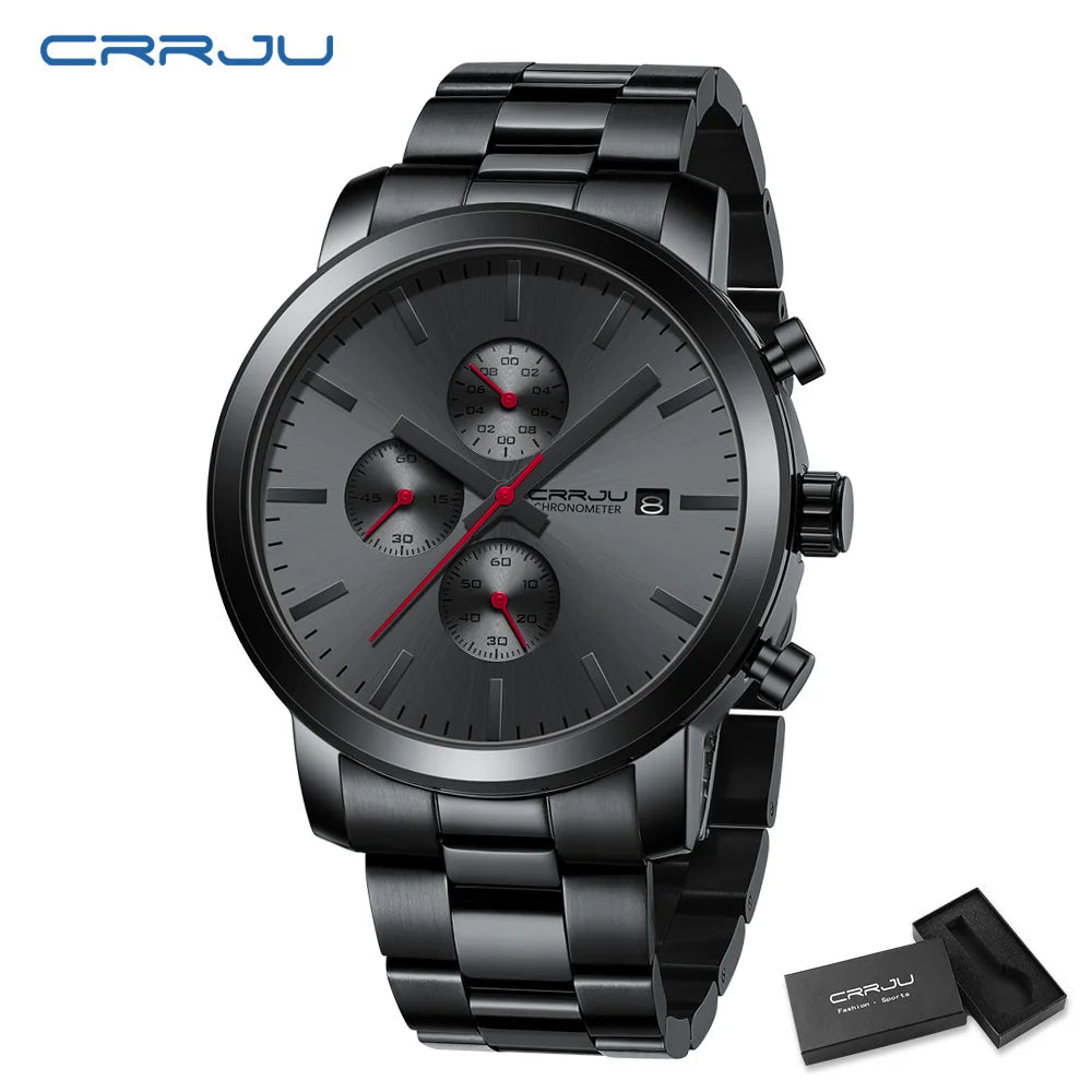Orologio da uomo CRRJU – Cronografo in acciaio inossidabile, impermeabile, con datario, movimento al quarzo analogico, stile elegante e professionale
