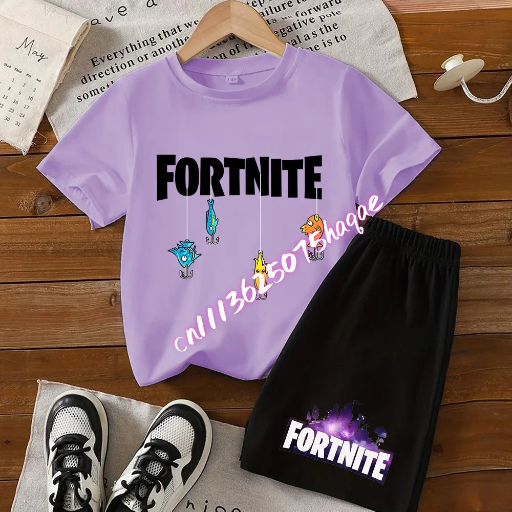 Sommer-Fortnite-T-Shirt und Shorts für Jungen und Mädchen, 2-teiliges Kinder-Set mit Oberteil und Hose, Fortress-Night-Print, Geschenk