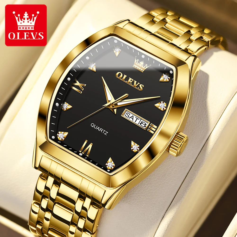OLEVS Nouvelles montres pour homme Montres à quartz de luxe en or Montres classiques à cadran tonneau Montres à quartz étanches et luminescentes pour homme 5528