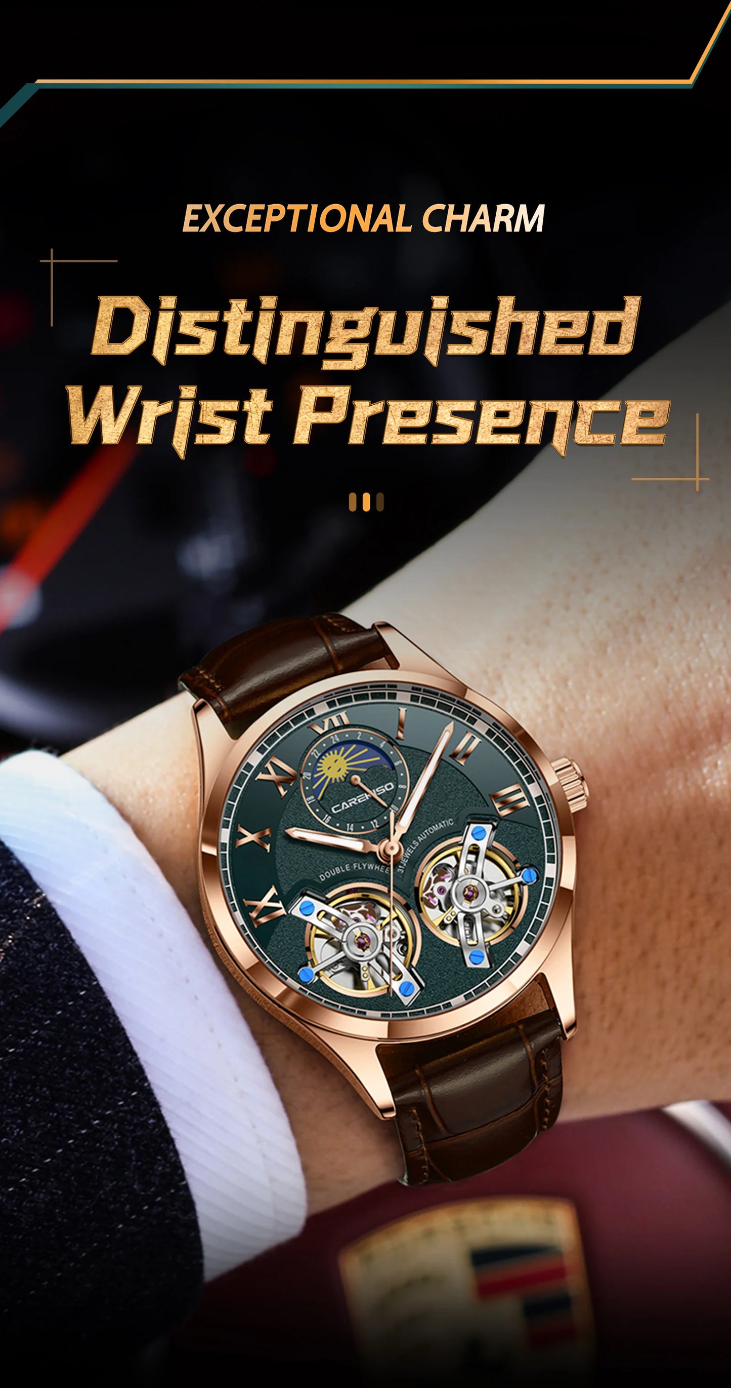 CAREKISO Fashion Men Clock Double Hollow Tourbillon Automatic Mechanical Man Watch Waterproof Luminous Leather Men's Watches+Box