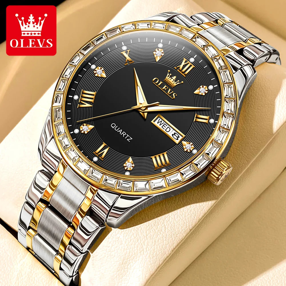 Orologio da uomo al quarzo OLEVS 9906, modello quadrato impreziosito da diamanti, cinturino in acciaio inossidabile, impermeabile, con doppio calendario; un orologio da polso di lusso, originale, ideale per l’ambiente professionale.