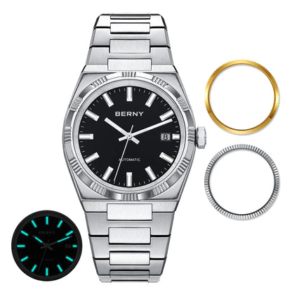 Orologio automatico da uomo BERNY, dorato, vetro zaffiro, lancette luminescenti, originale al 100%, dotato di movimento PT5000, rivestimento antiriflesso, modello di lusso con lunetta intercambiabile, impermeabile fino a 5 ATM.