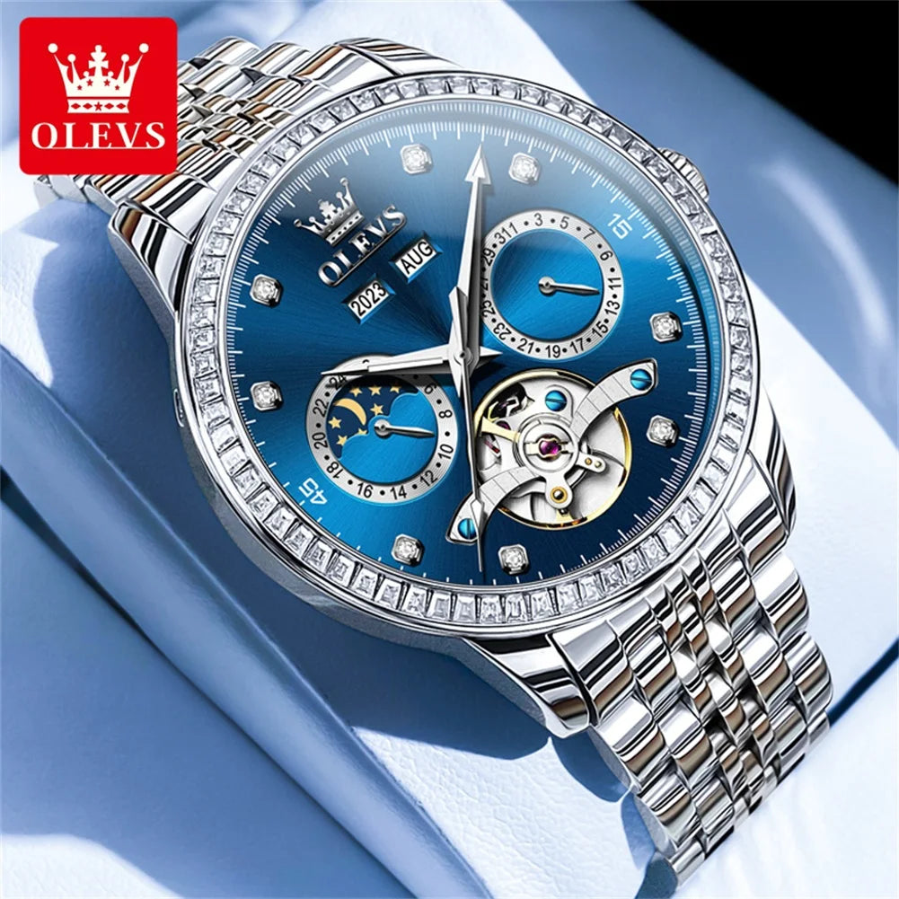 OLEVS 7016 Automatic Man Watch Stainless Steel Diamond Bezel Skeleton Flywheel Moon Phase Luminous Waterproof Mechanical Watches