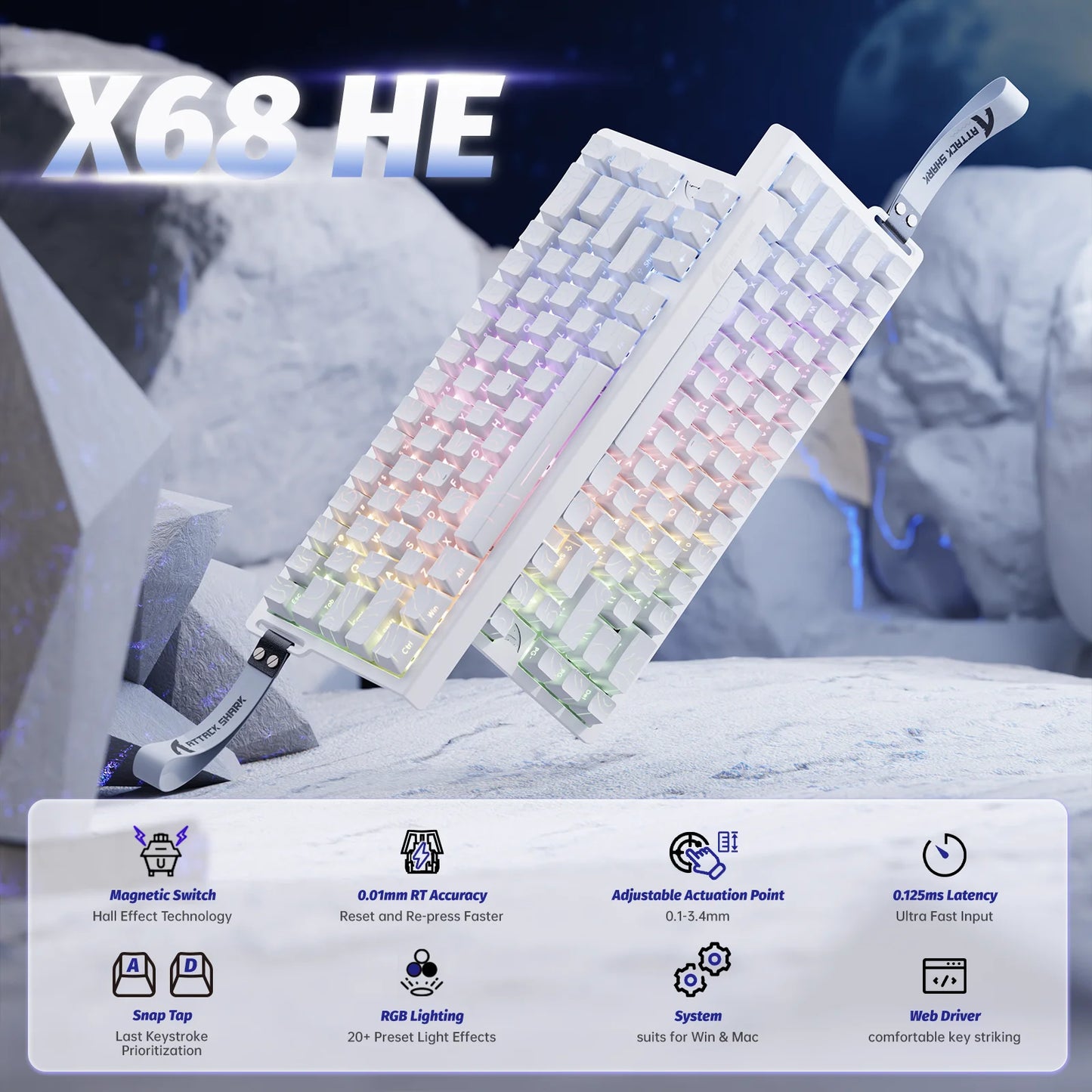 ATTACK SHARK X68 HE Rapid Trigger 8KHz Magnetic Keyboard, 0.01mm RT Accuracy, 60% Layout, RGB, Support RT/Snap Tap/DKS/MT/TGL