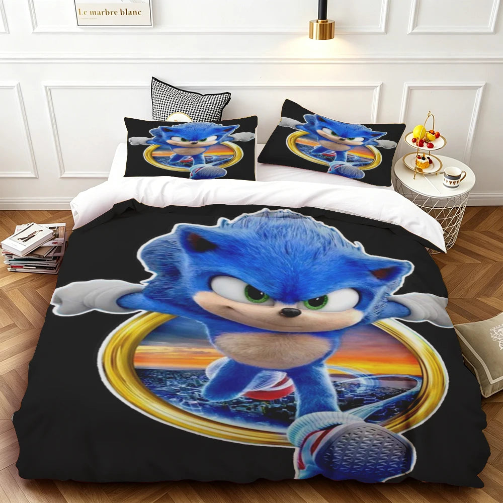 Cartoon Duvet Cover Set , Washable Cotton Bedding – S-Sonic-S The H-Hedgehog Movie Theme Student Bedroom Decor for All Seasons
