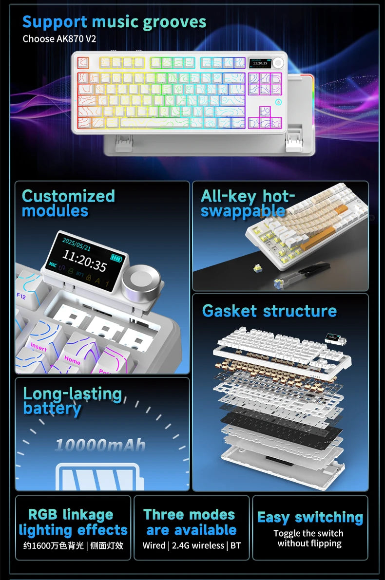Ajazz AK870 V2 Gaming Mechanical Keyboard is a Hot-Swappable RGB Wired Gaming Keyboard Suitable for Various Scenarios on Laptops