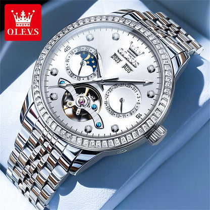 OLEVS 7016 Luxury Automatic Watch Men Skeleton Tourbillon Moon Phase Calendar Waterproof Stainless Steel Mechanical Wristwatch