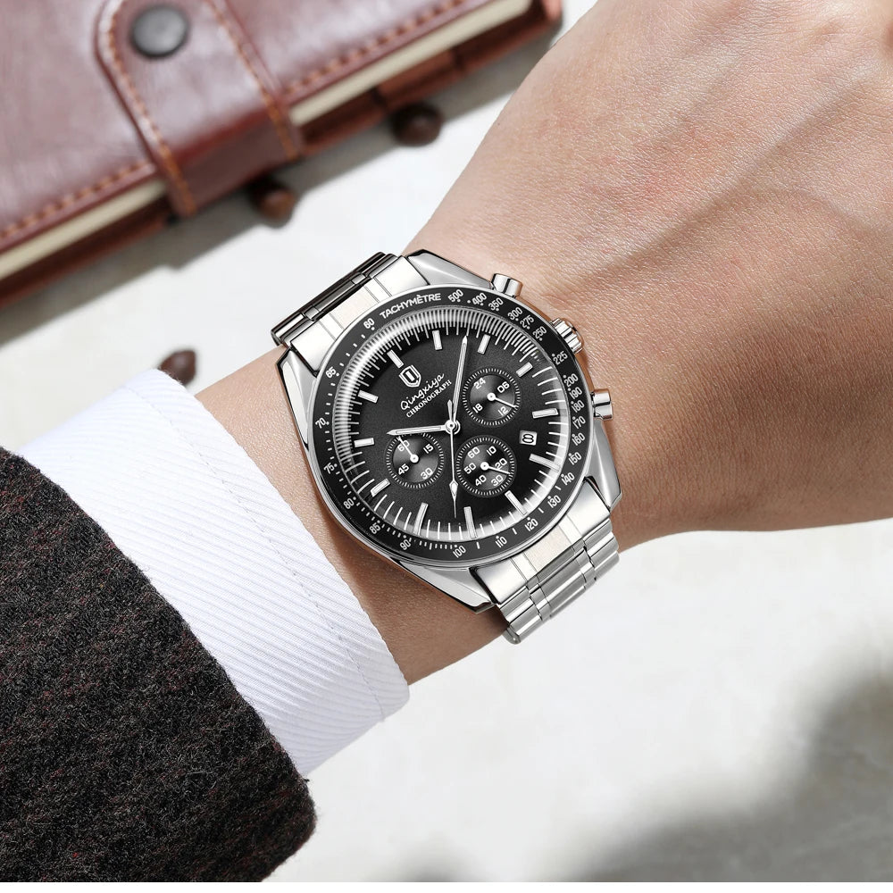 Orologio al quarzo da uomo, di marca di lusso, impermeabile e luminescente, in acciaio inossidabile, dotato di cronografo 24 ore e datario – Elegante orologio da uomo