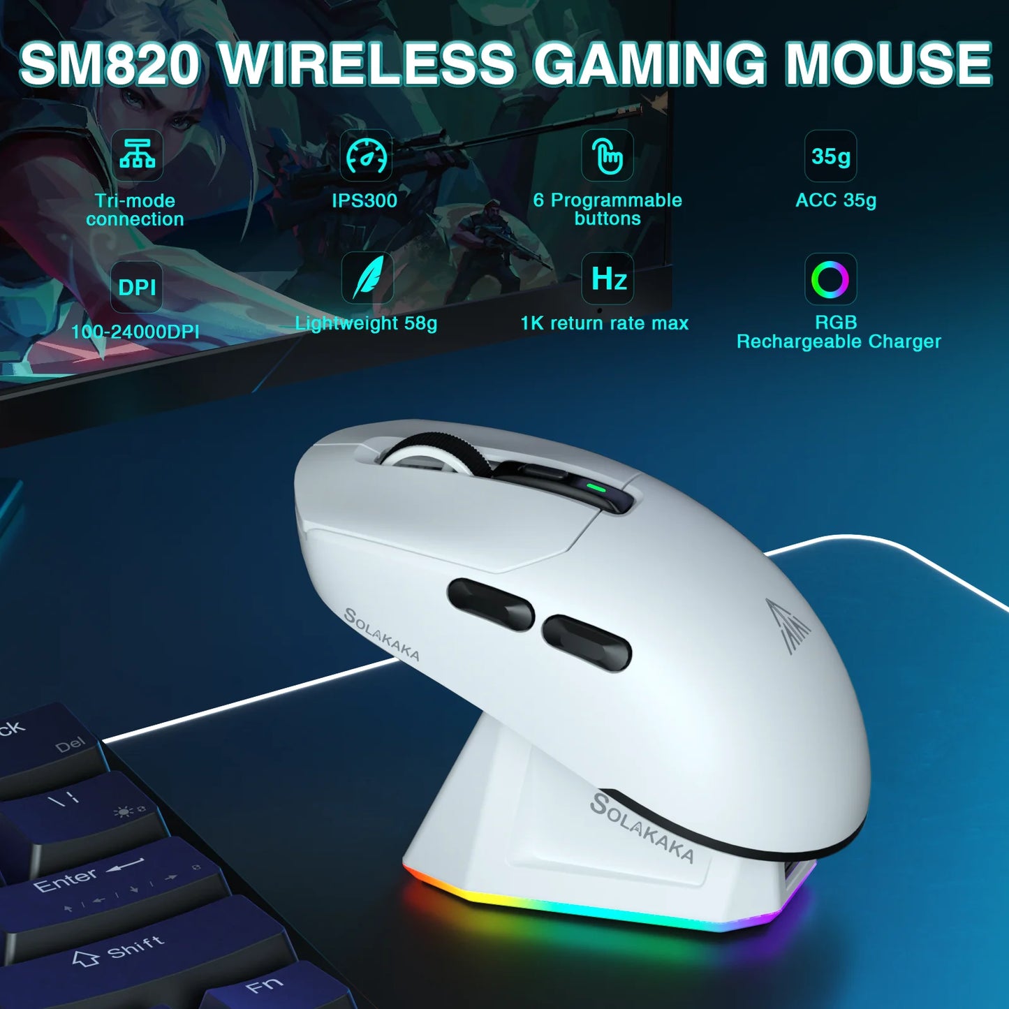 SOLAKAKA SM820 Tri-mode Wireless Mouse Magnetic Rechargeable Dock RGB PAW3311 24000DPI Wireless Macro Gaming Mouse Ultra-Light