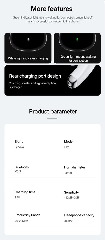 Lenovo LP5 Wireless Bluetooth Earbuds Stereo HiFi Music Earphones Headphones Sports Waterproof TWS Headset With Mic Earbuds New