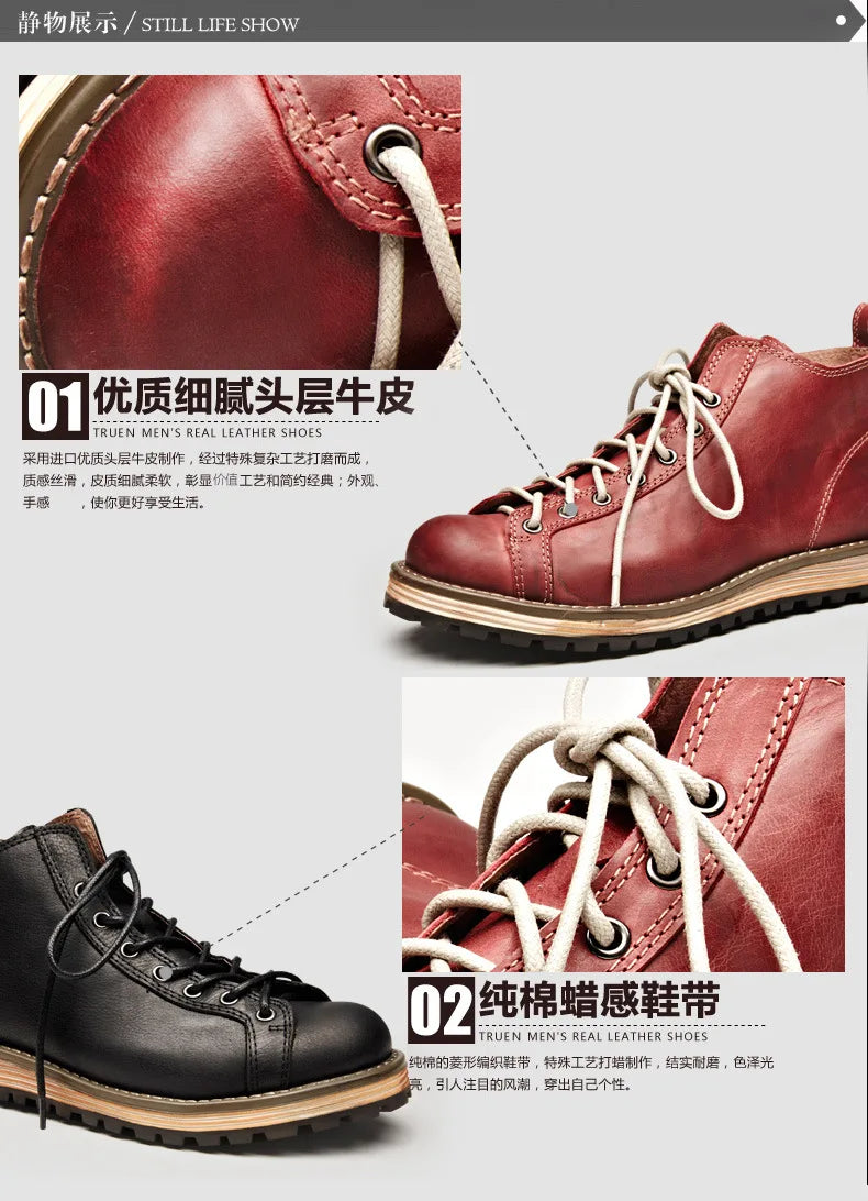 KOWM Cowhide Hiking Shoes Men's Walking Boot British Trekking Shoes Thick-Soled Cowhide High-Top Motorcycle Boots Ankle Sneakers