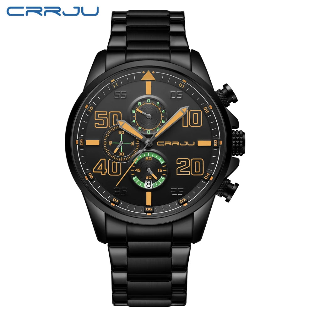 Orologio da uomo CRRJU – Cronografo di lusso, quadrante grande, acciaio inossidabile, impermeabile, con datario