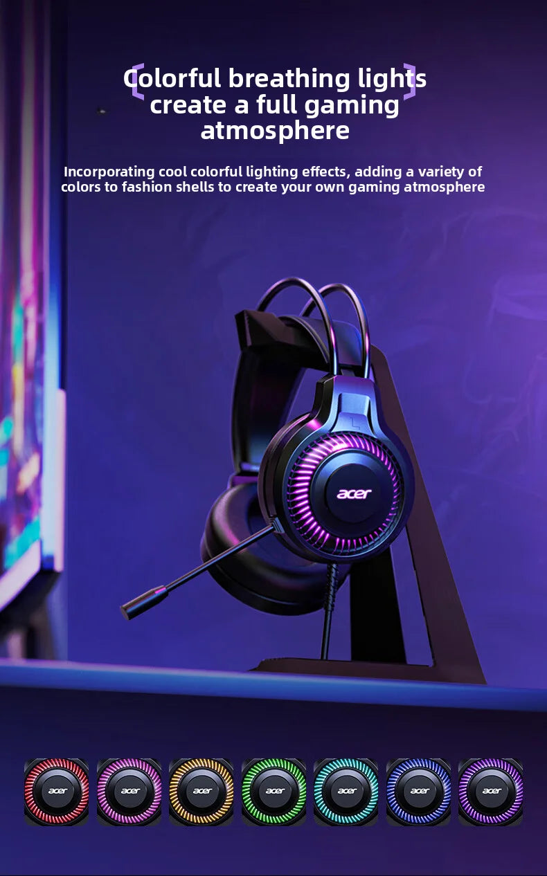 Acer Gaming Headphones with Mic 7.1 Stereo Virtual Surround LED Light Bass Earphone Headsets Gamer for Computer PC Gamer OHW303