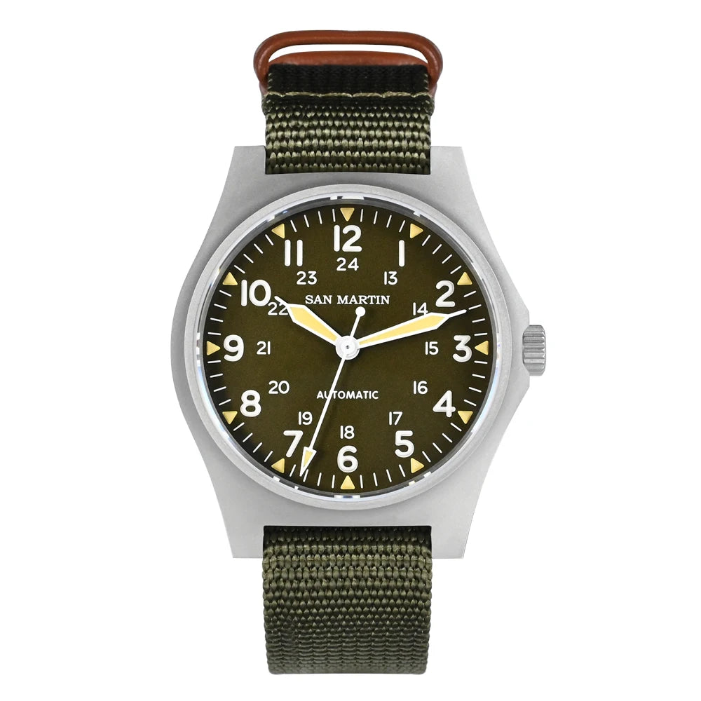 San Martin Pilot Watch 38mm NH35 Retro Military Automatic Mechanical Wristwatch Bead Blasted Case Waterproof 100m SN0137