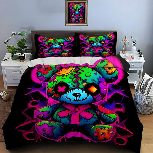 Colorful Neon Patchwork Doll Bedding Set for Kids Luxury Gift 3pcs Digital Print Comforter Set Soft Comfortable Breathable
