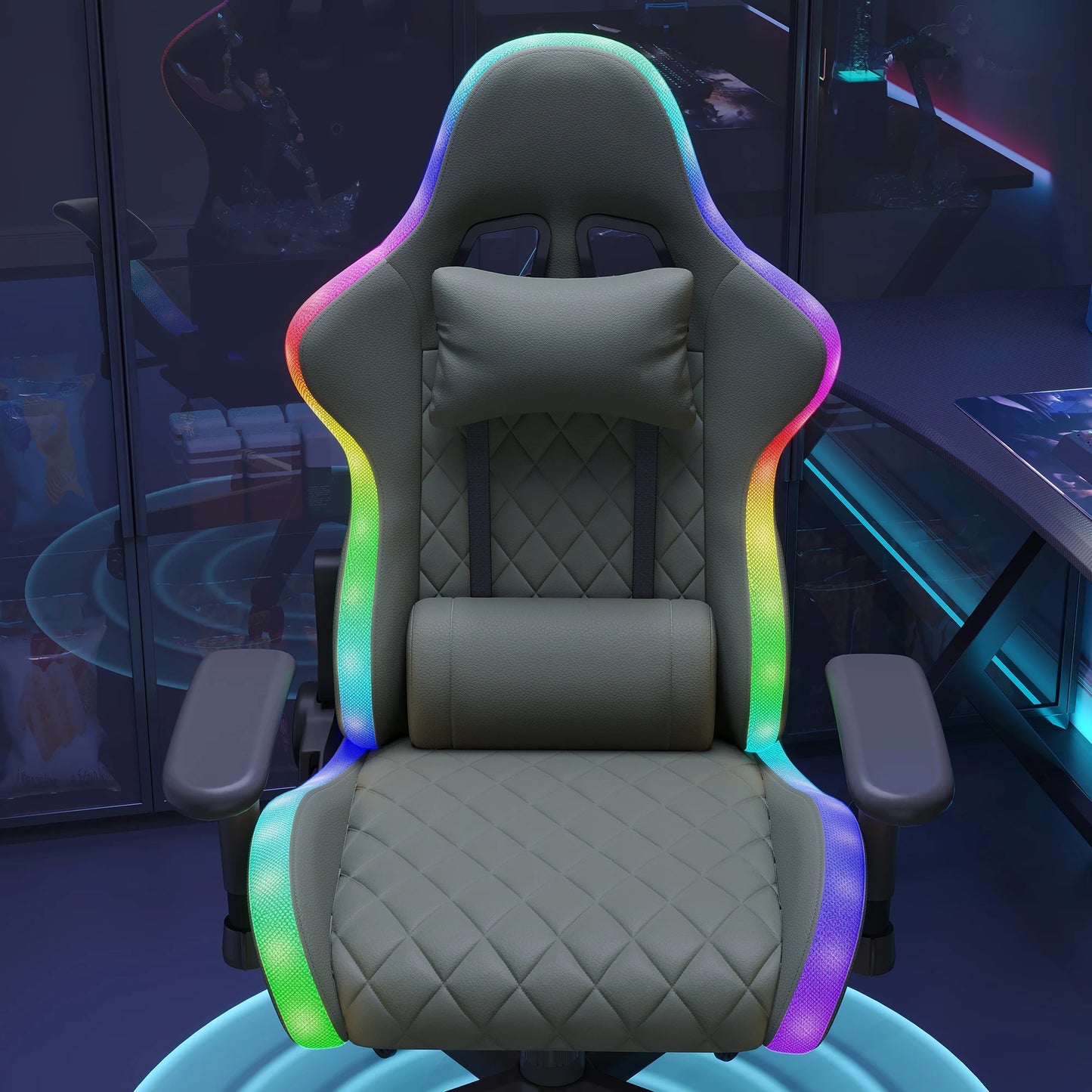 Ergonomic office chair with lumbar massage,LED RGB ambient lighting, and reclining backrest,  for home offices
