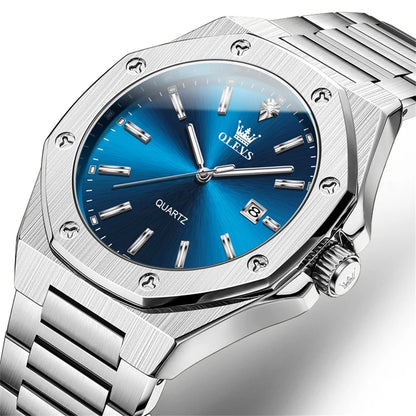 Montres OLEVS pour homme : montre de luxe classique à quartz, argentée et bleue, étanche, en acier inoxydable, luminescente, Reloj Hombre