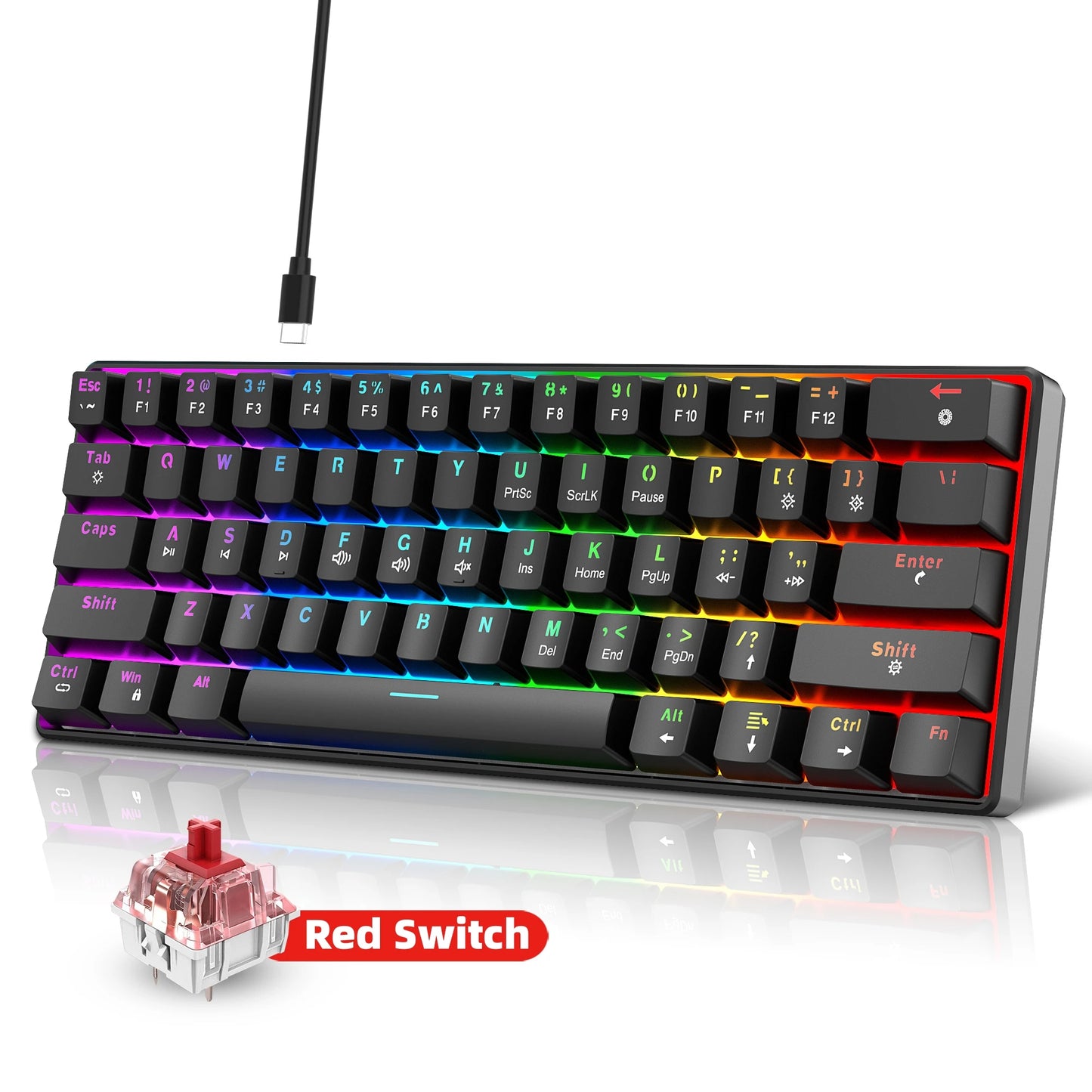 RK61 Wired 60% Mechanical Gaming Keyboard RGB Backlit 61 Keys Ultra-Compact Hot Swappable Red Switch Provides a Smooth